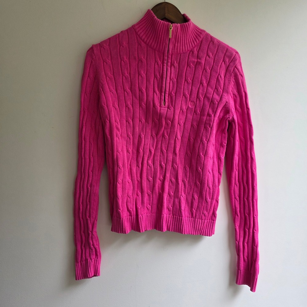 Chaps Vintage Hot Pink Cable Knit Quarter Zip Cotton Sweater Womens Large Preppy